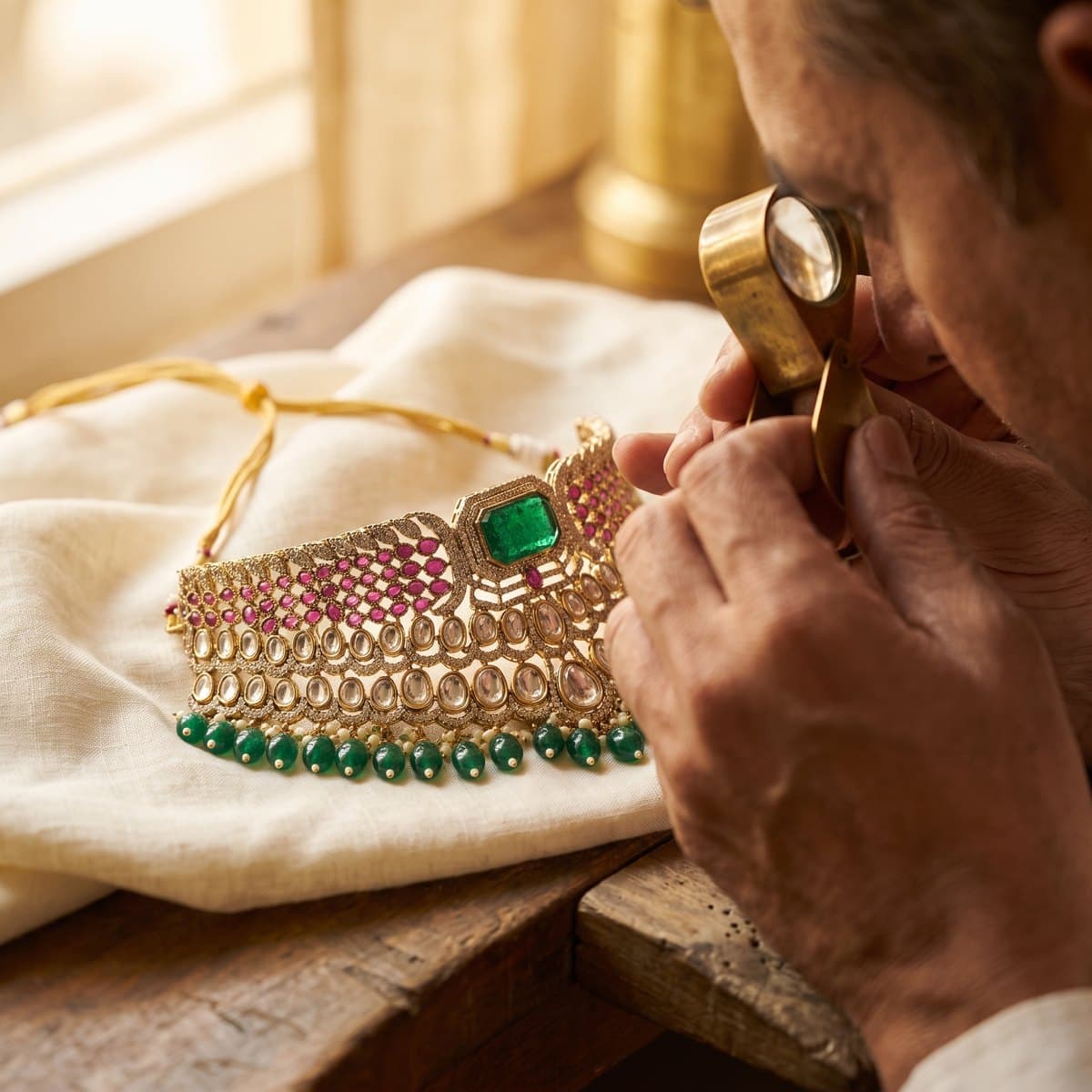 A jeweller inspecting a finished kundan polki choker through a loupe