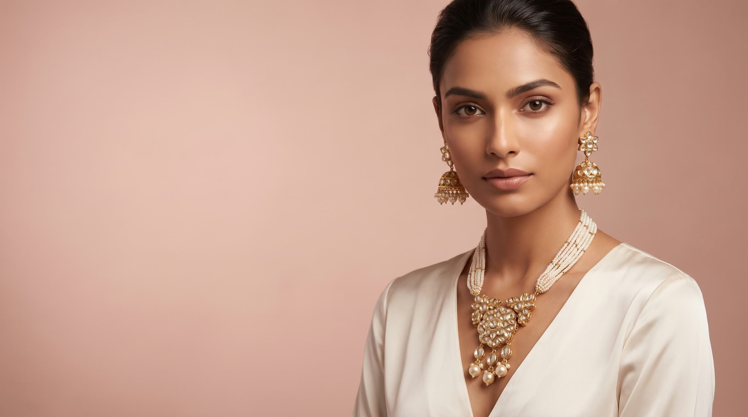 The Varna Vista polki and pearl necklace set on an ivory silk blouse