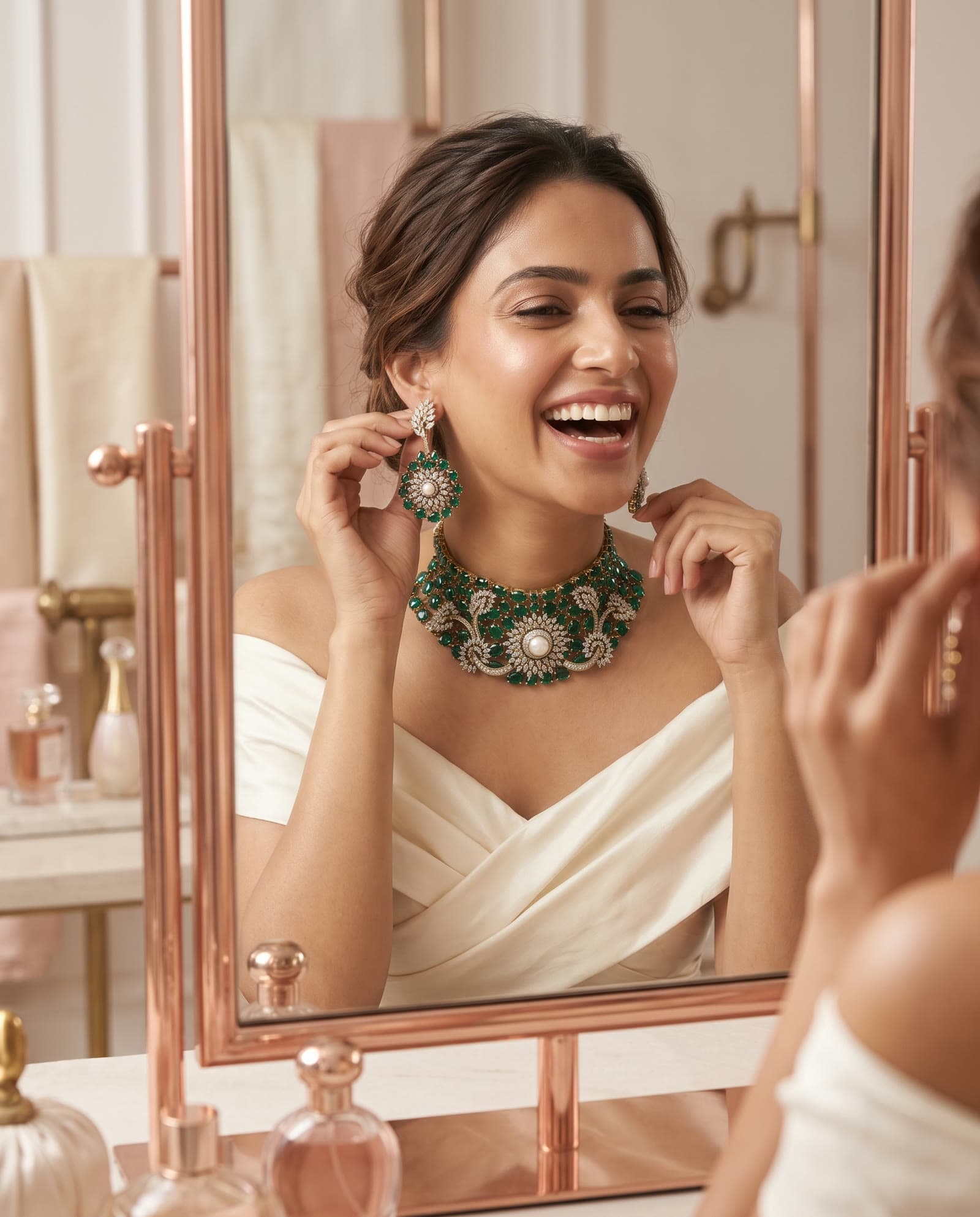 A woman laughing at a rose-gold mirror while fastening her earring, wearing the Jade Lustre choker